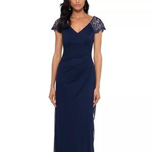 X by Xscape Lace-Sleeve Chiffon Gown Navy size 12